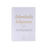 Witte islamitische babynamen boek met gouden letters op de cover voor cadeaubox